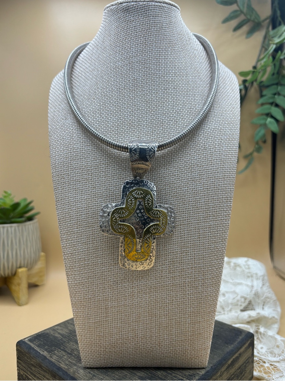 Vintage Mexico 925 Sterling Silver Cross Necklace 20” Two Tone Southwest